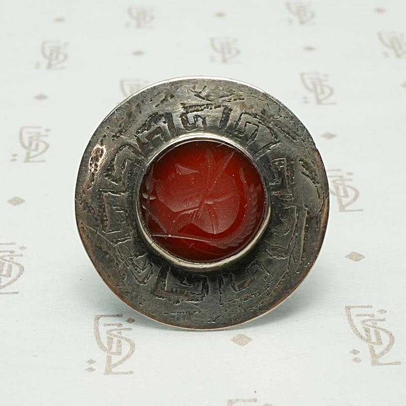 Roman Soldier Carnelian Intaglio Ring with Meander