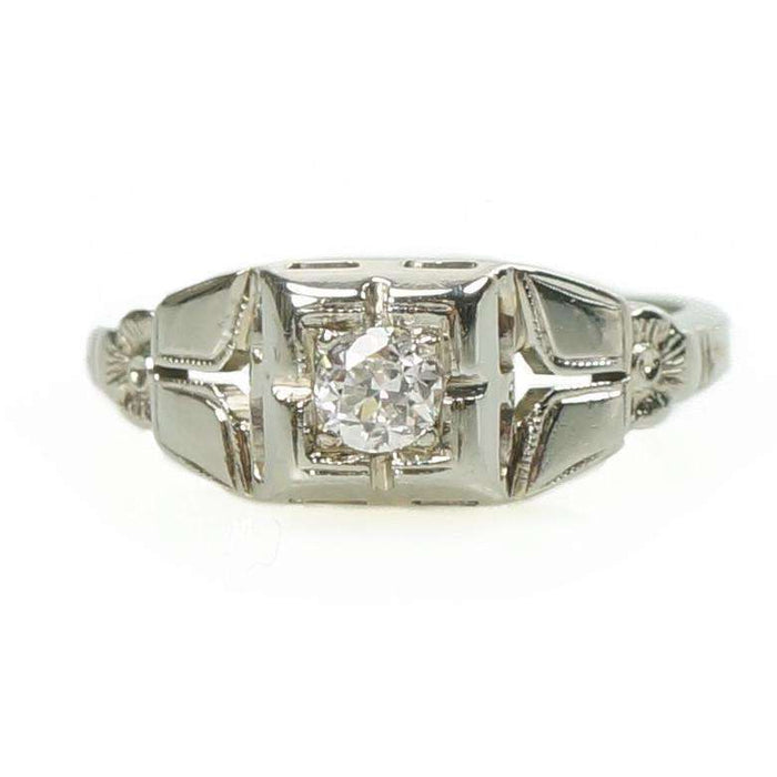 1930's White Gold Diamond set Engagement ring with Floral motif