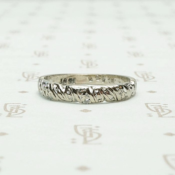 Carved White Gold & Diamond English Wedding Band