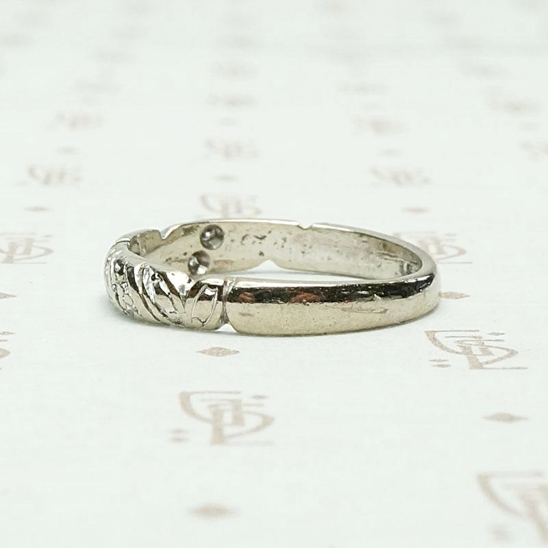 Carved White Gold & Diamond English Wedding Band, side view