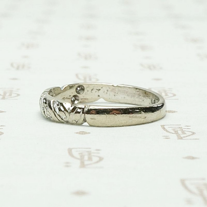 Carved White Gold & Diamond English Wedding Band, side view