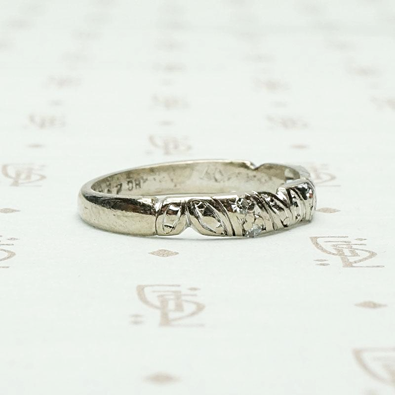 Carved White Gold & Diamond English Wedding Band, side view