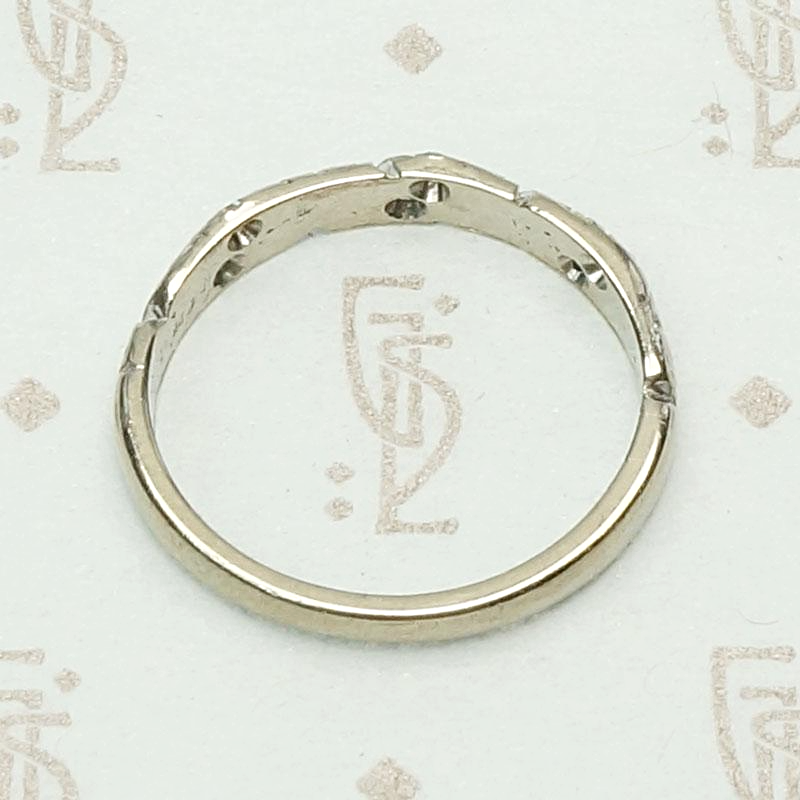 Carved White Gold & Diamond English Wedding Band, top view