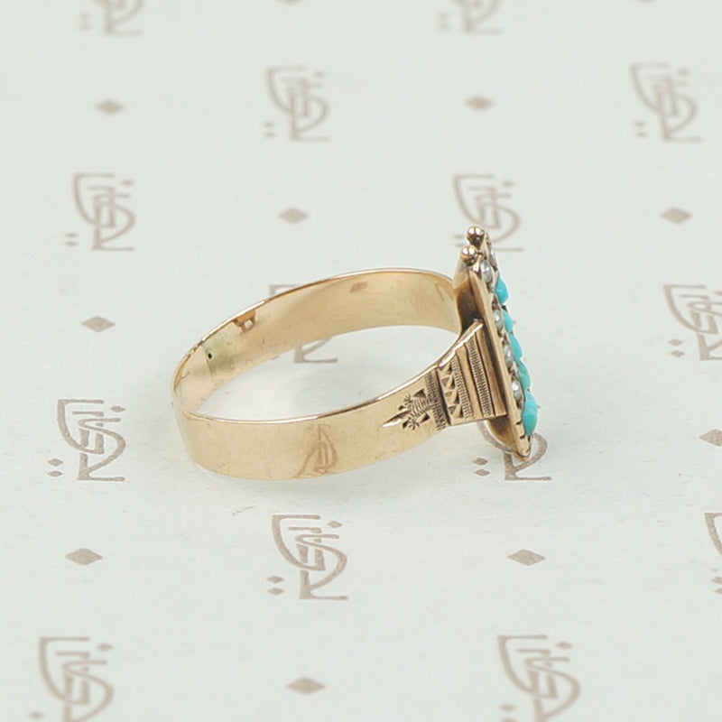 Victorian Pearl and Turquoise Ring in Rosy Gold