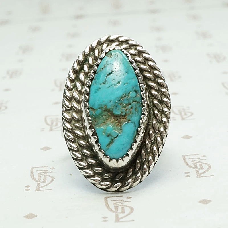 Navette Turquoise Ring with Double Rope Detail