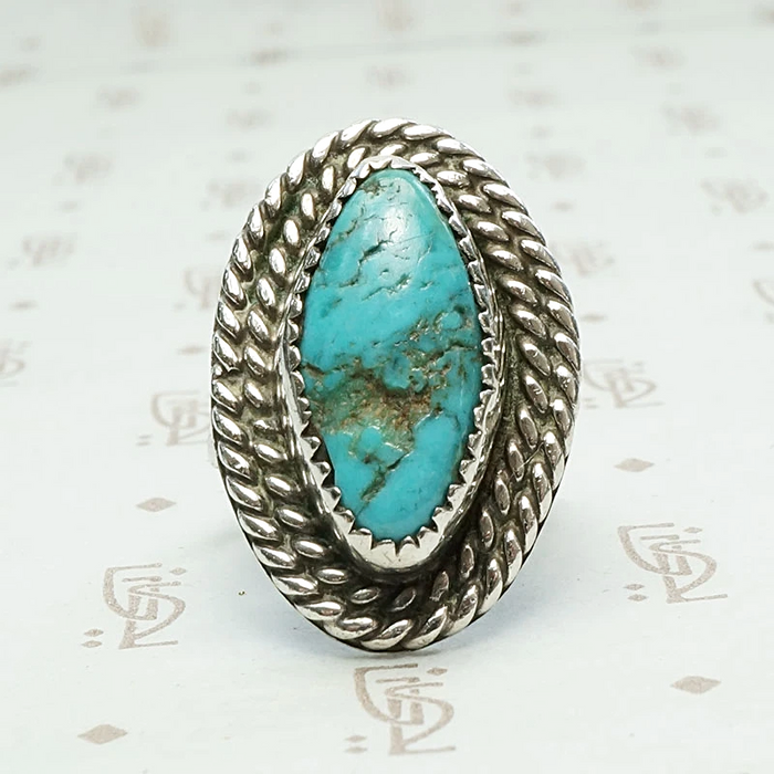 Navette Turquoise Ring with Double Rope Detail