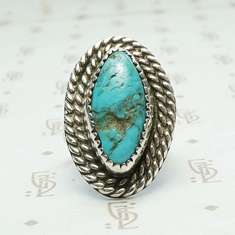Navette Turquoise Ring with Double Rope Detail