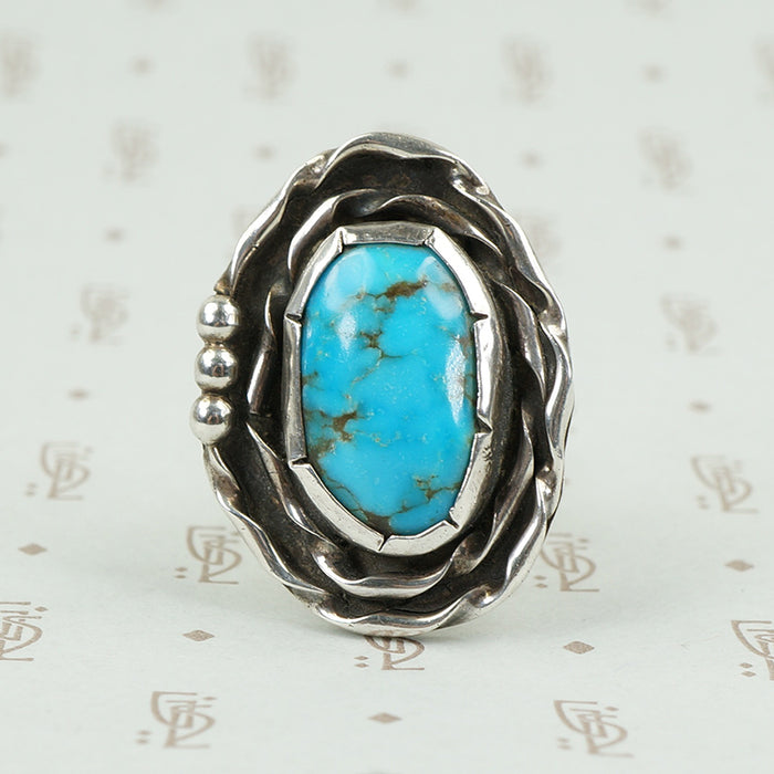 Bold Floral Turquoise and Silver Ring