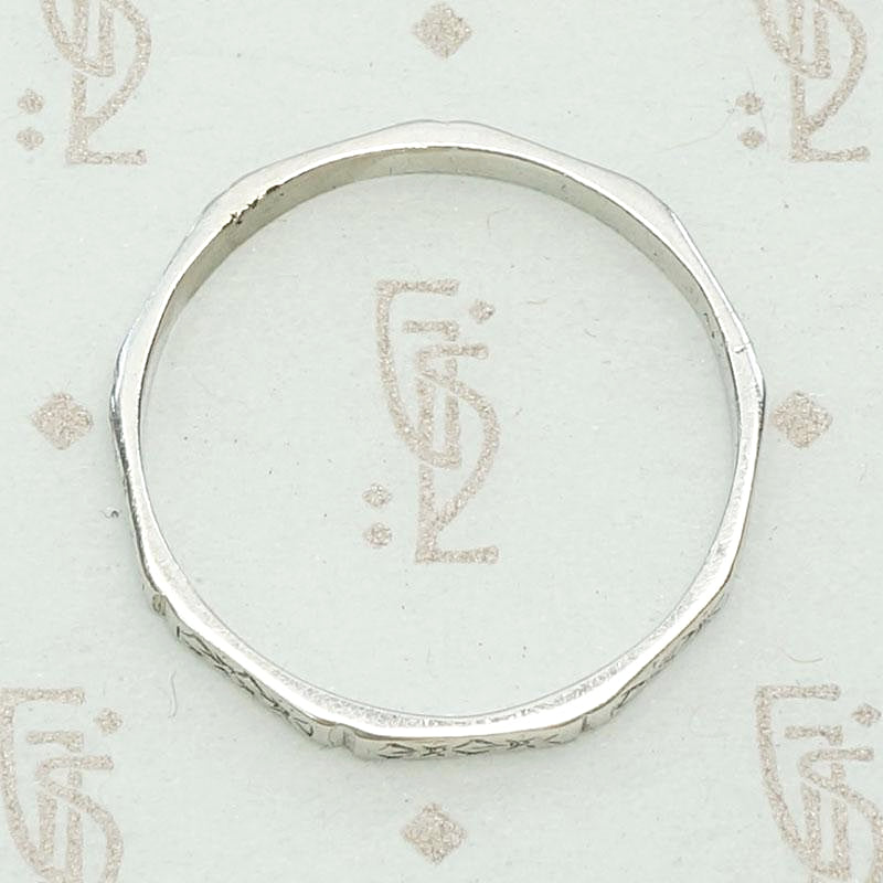 Faceted Engraved Mens Band in White Gold