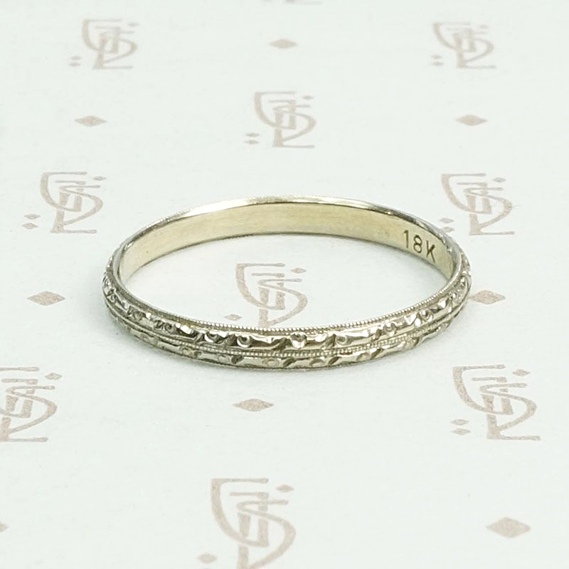 Highly Detailed White Gold Deco Wedding Band, side view.