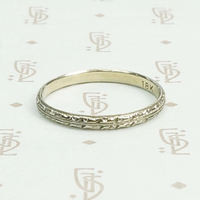 Highly Detailed White Gold Deco Wedding Band, side view.