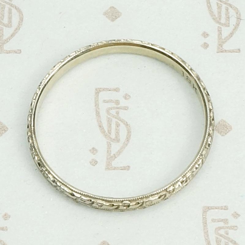 Highly Detailed White Gold Deco Wedding Band, top view.
