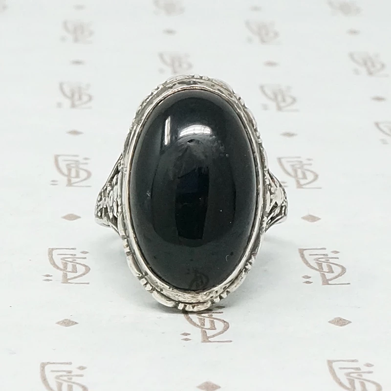 Romantic Dark Sparkle Onyx and Silver Ring