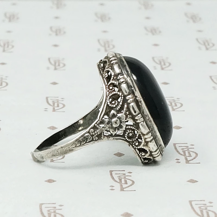 Romantic Dark Sparkle Onyx and Silver Ring