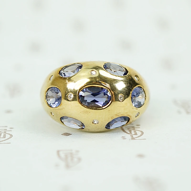 Iolite and Diamond Studded Bombé Ring