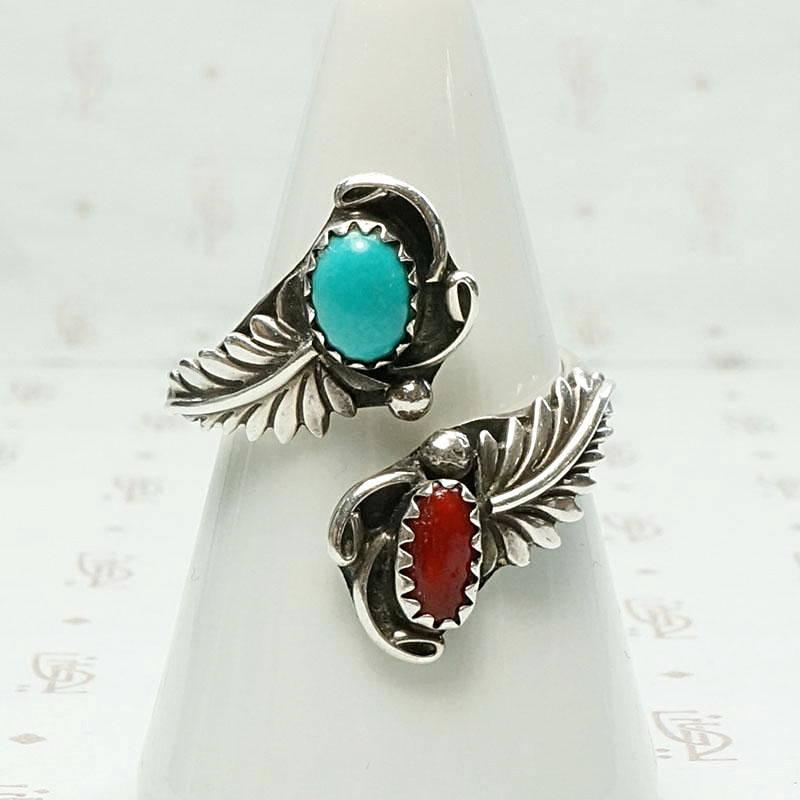 Feather Crossover Ring with Turquoise & Coral