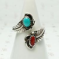 Feather Crossover Ring with Turquoise & Coral