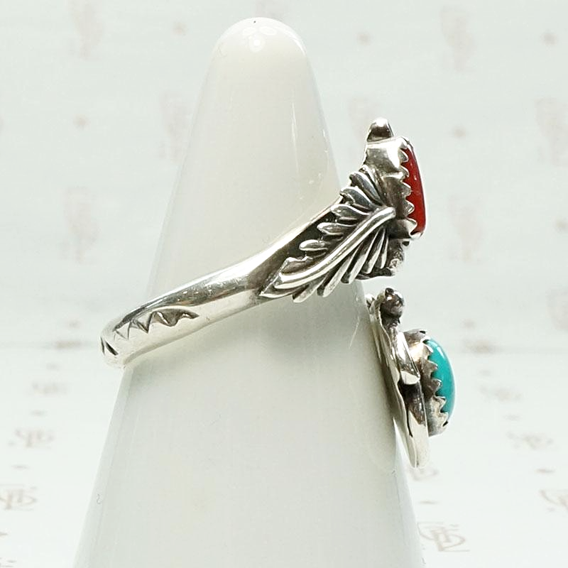Feather Crossover Ring with Turquoise & Coral