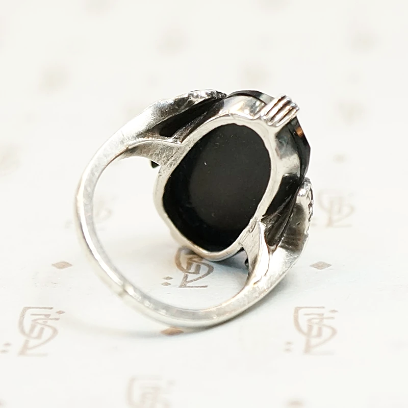 Peacock Motif Onyx Marcasite and Silver Ring