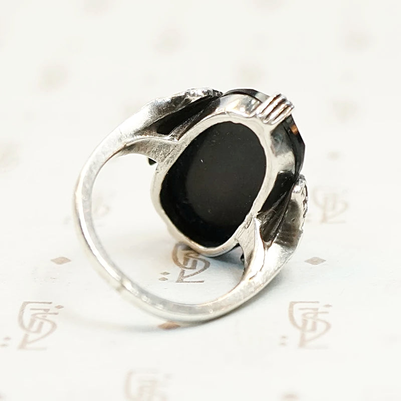 Peacock Motif Onyx Marcasite and Silver Ring