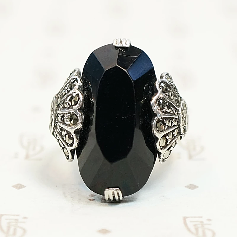 Peacock Motif Onyx Marcasite and Silver Ring