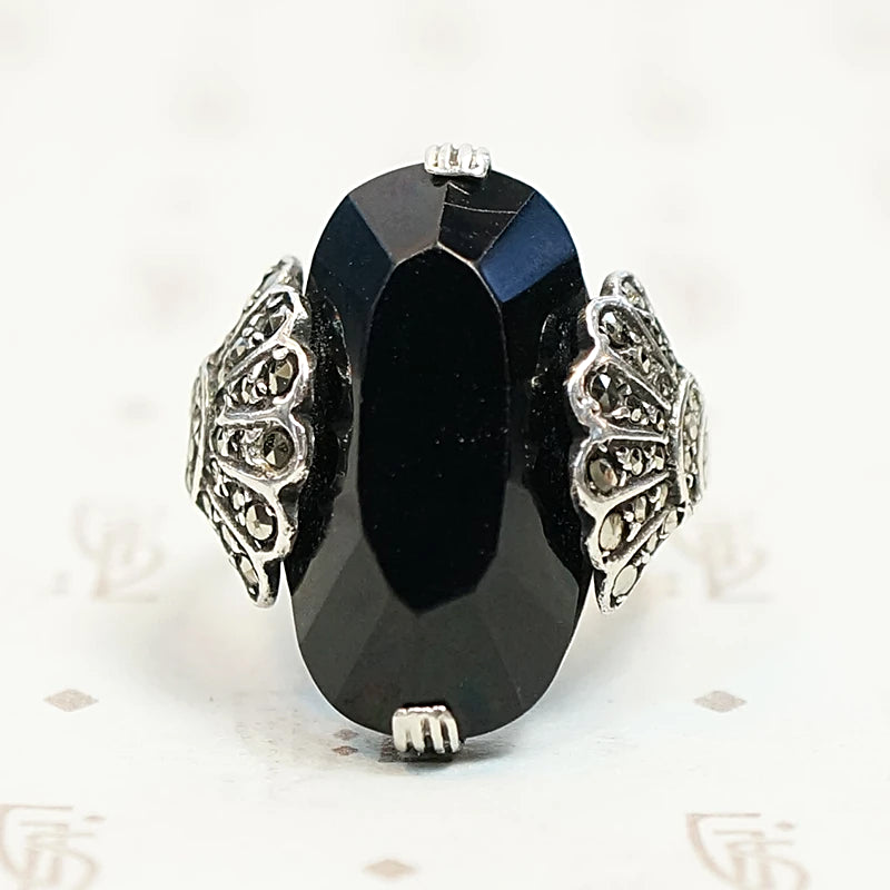 Peacock Motif Onyx Marcasite and Silver Ring