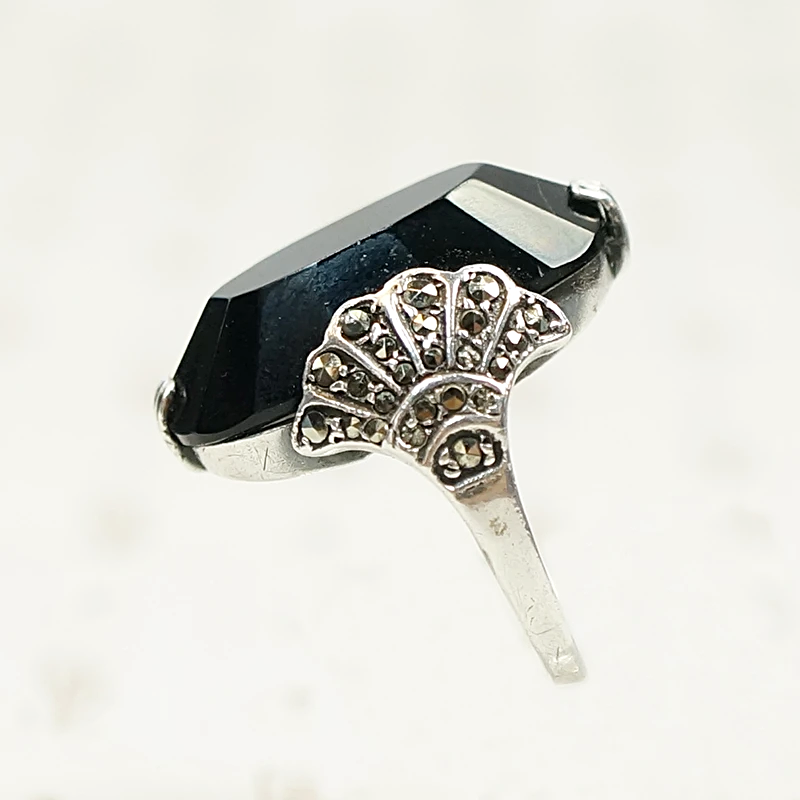Peacock Motif Onyx Marcasite and Silver Ring