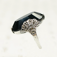 Peacock Motif Onyx Marcasite and Silver Ring