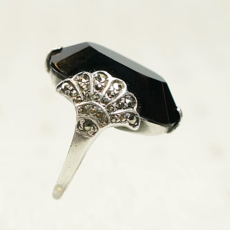 Peacock Motif Onyx Marcasite and Silver Ring