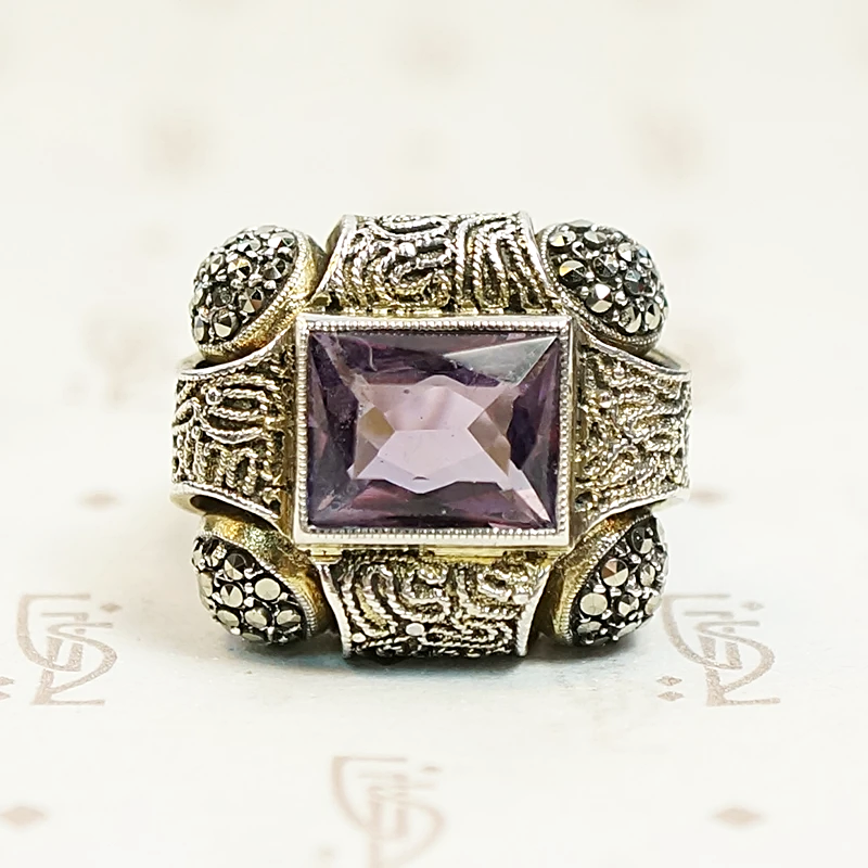 Amethyst and Marcasite Fahrner Silver Gilt Ring