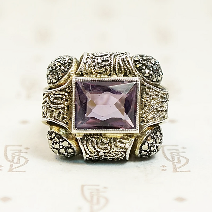 Amethyst and Marcasite Fahrner Silver Gilt Ring