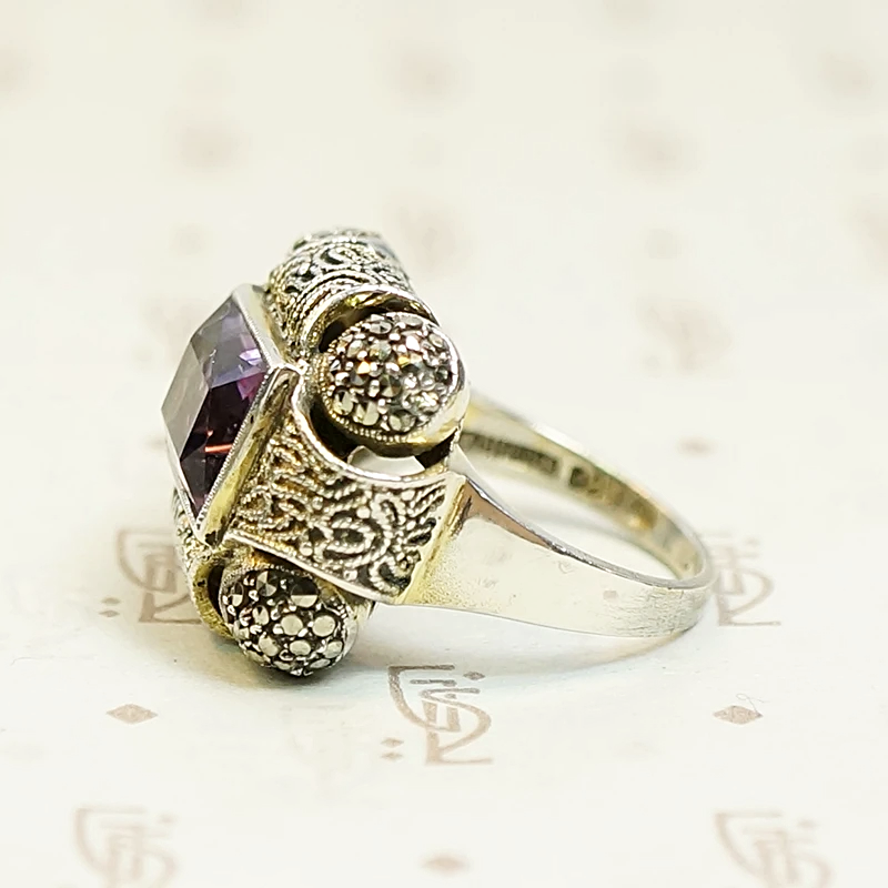 Amethyst and Marcasite Fahrner Silver Gilt Ring