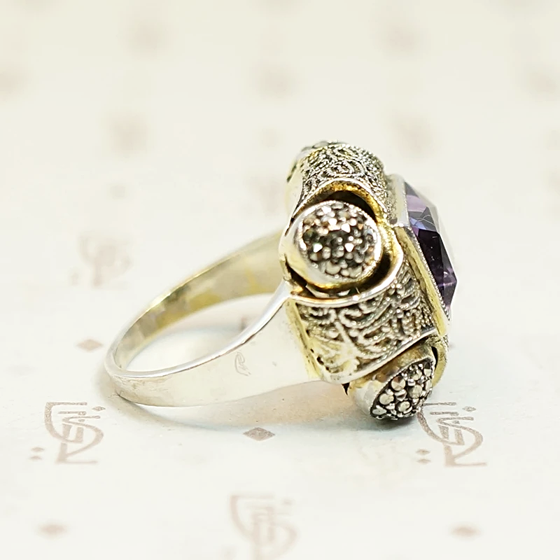 Amethyst and Marcasite Fahrner Silver Gilt Ring