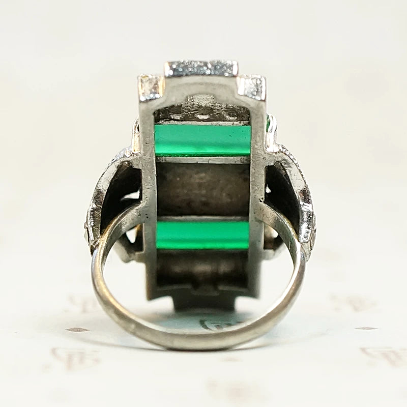 Unbelievable German Art Deco Chrysoprase and Marcasite Ring