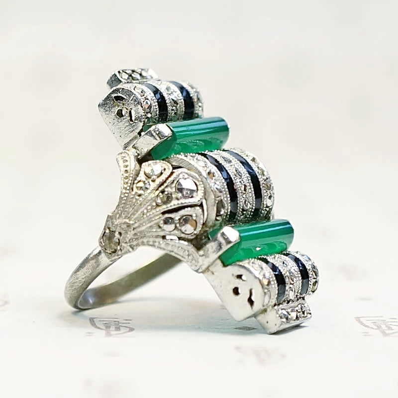 Unbelievable German Art Deco Chrysoprase and Marcasite Ring