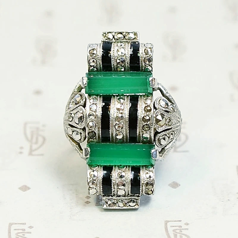 Unbelievable German Art Deco Chrysoprase and Marcasite Ring