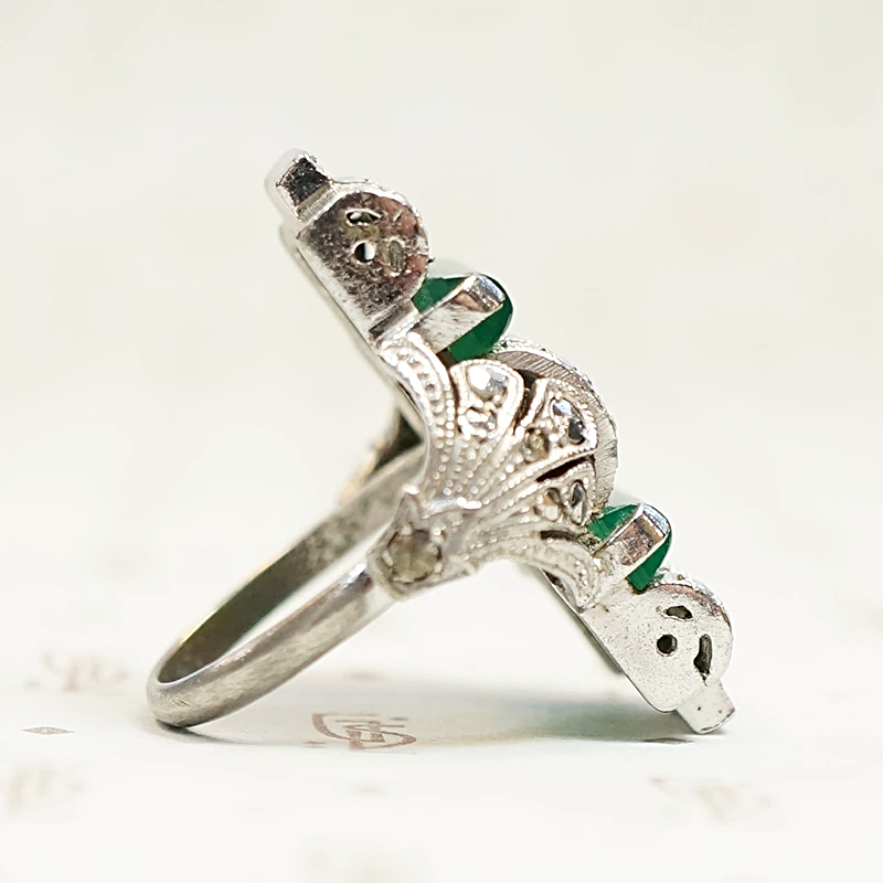 Unbelievable German Art Deco Chrysoprase and Marcasite Ring