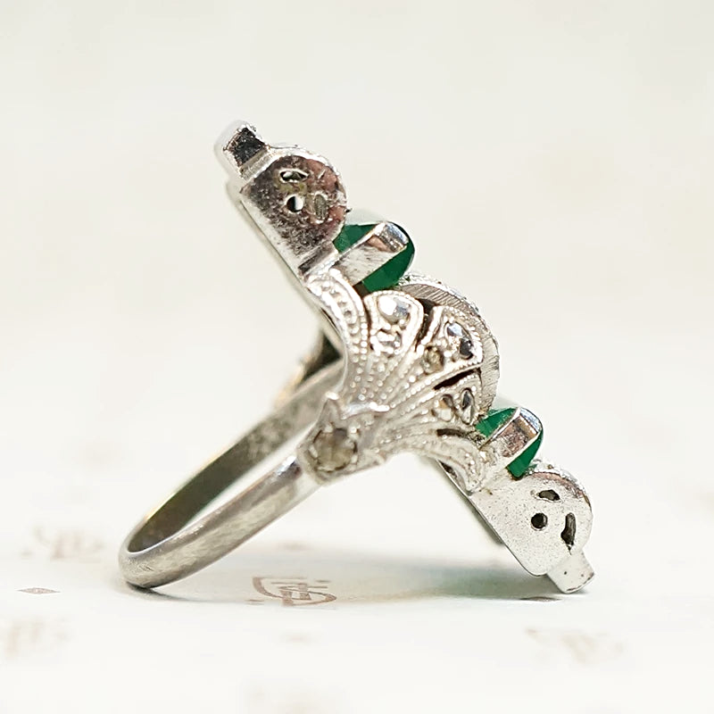 Unbelievable German Art Deco Chrysoprase and Marcasite Ring