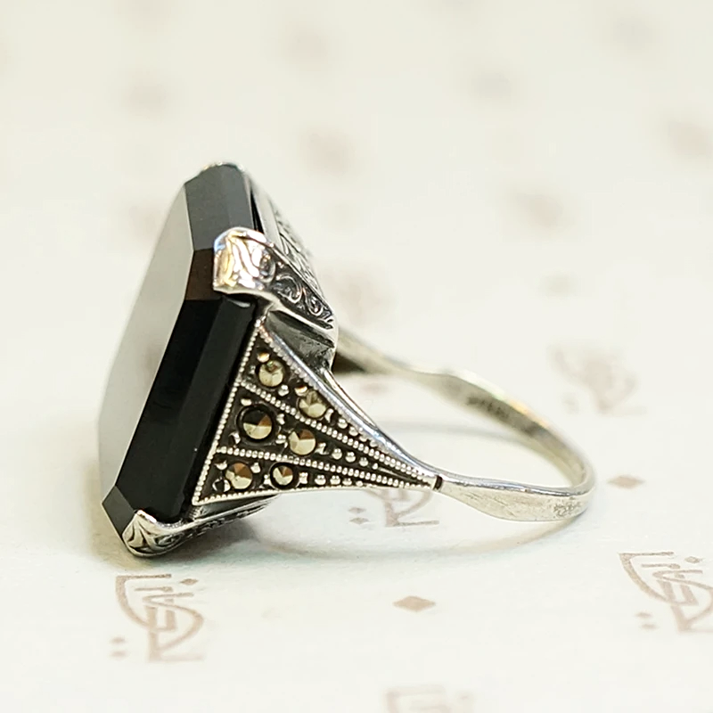 Onyx and Marcasite Sterling Art Deco Ring