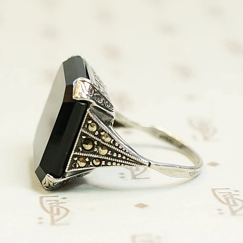 Onyx and Marcasite Sterling Art Deco Ring
