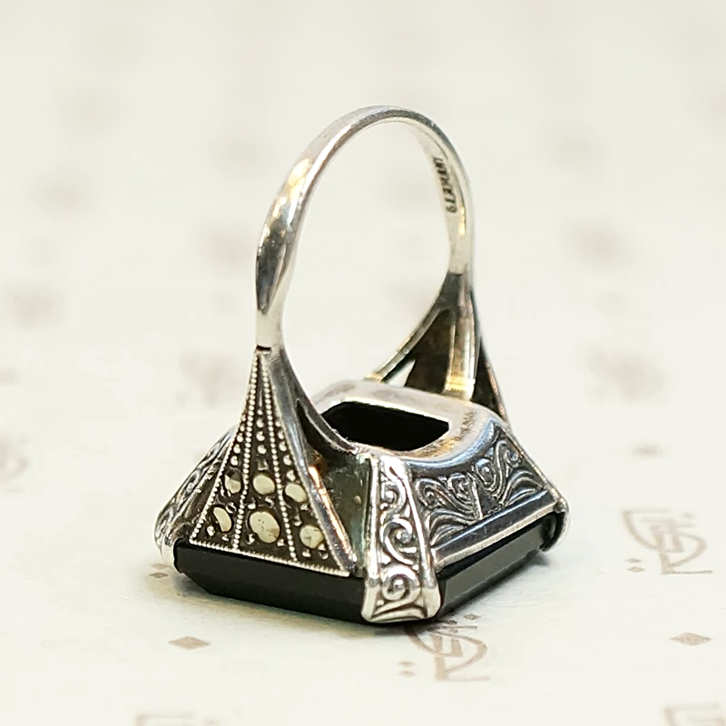 Onyx and Marcasite Sterling Art Deco Ring