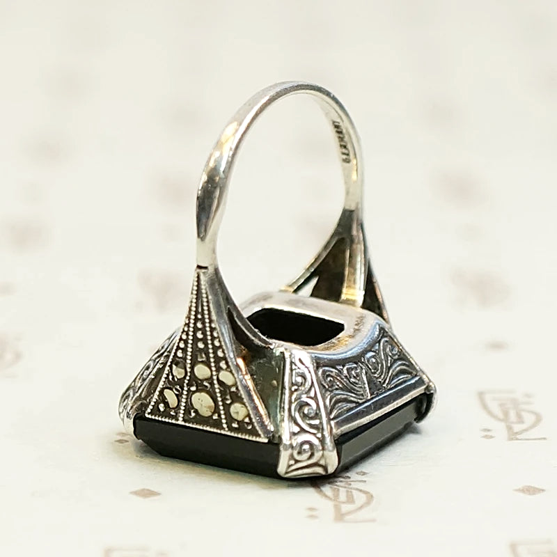 Onyx and Marcasite Sterling Art Deco Ring