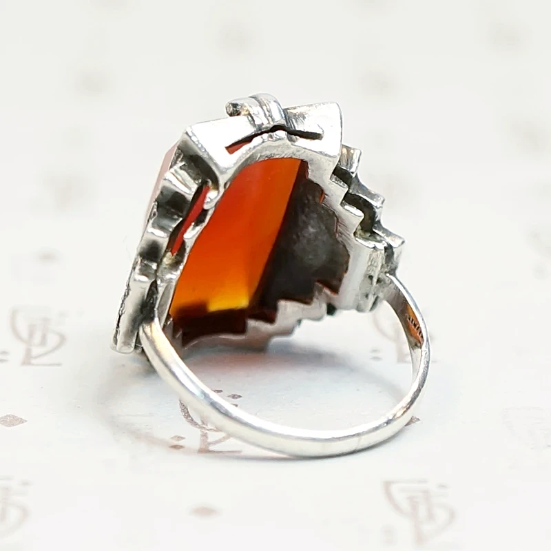 Carnelian and Marcasite Step Side Art Deco Ring