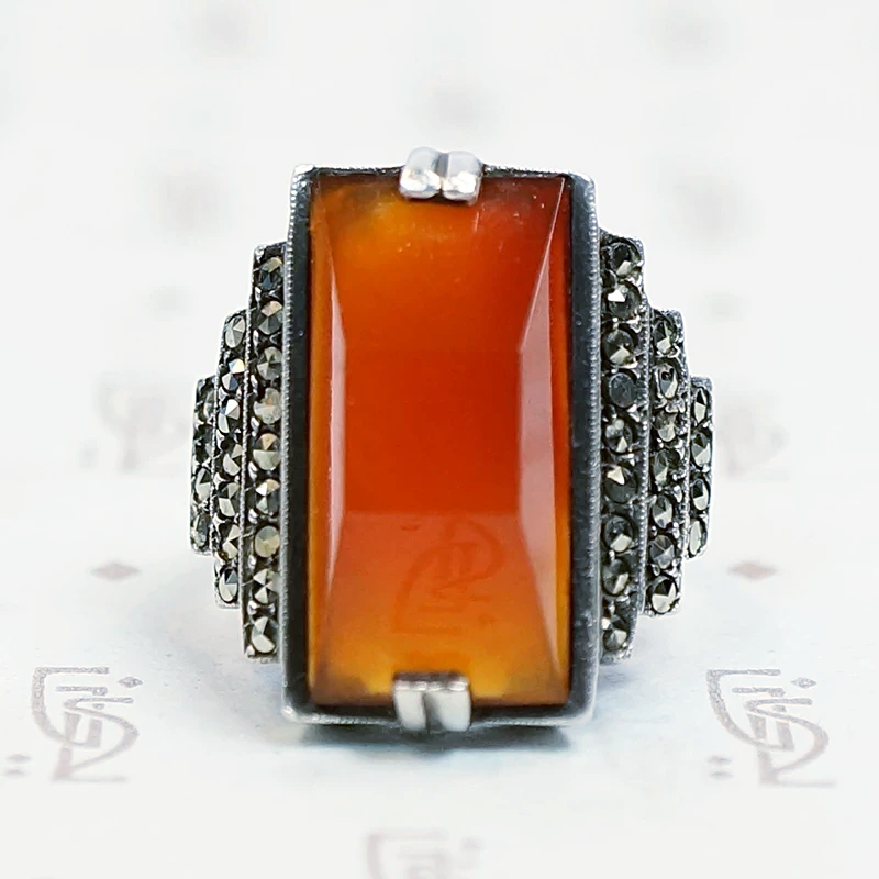 Carnelian and Marcasite Step Side Art Deco Ring