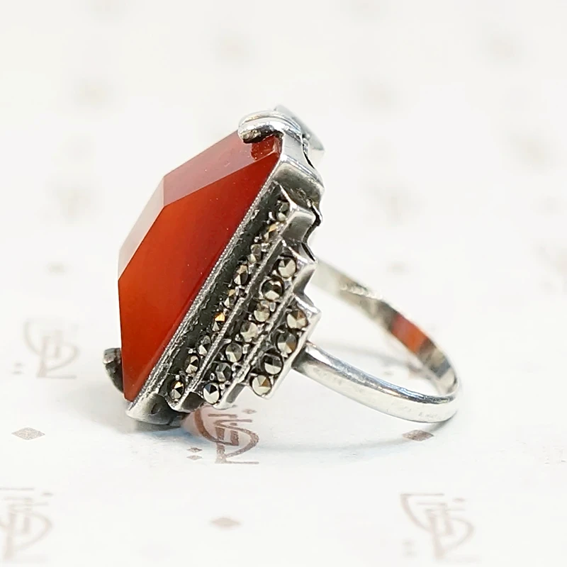 Carnelian and Marcasite Step Side Art Deco Ring