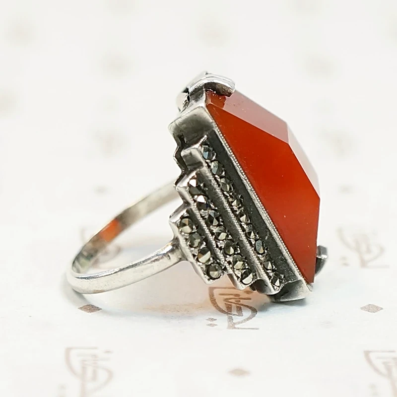 Carnelian and Marcasite Step Side Art Deco Ring