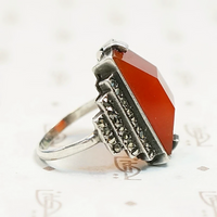 Carnelian and Marcasite Step Side Art Deco Ring