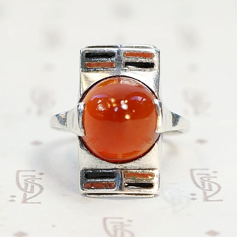 Domed Carnelian and Enamel 1930s Silver Ring