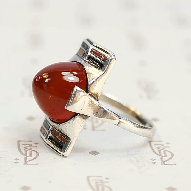 Domed Carnelian and Enamel 1930s Silver Ring