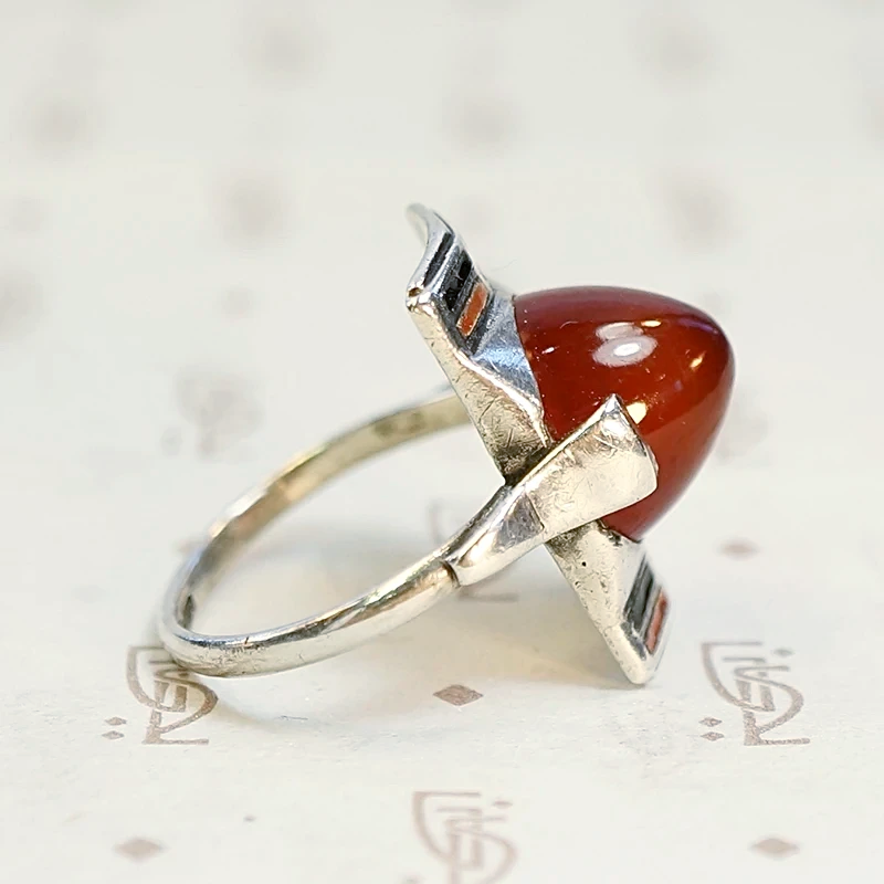 Domed Carnelian and Enamel 1930s Silver Ring
